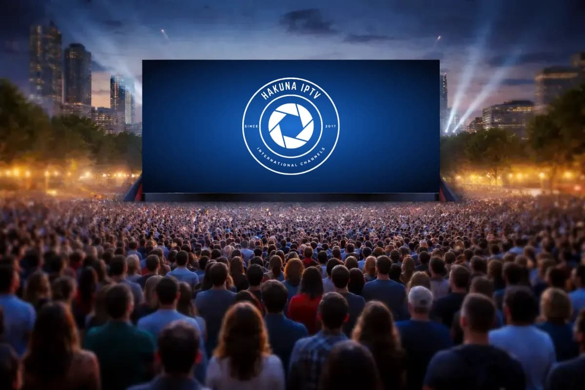 Een groot publiek kijkt naar het Hakuna TV-logo op een buitenscherm